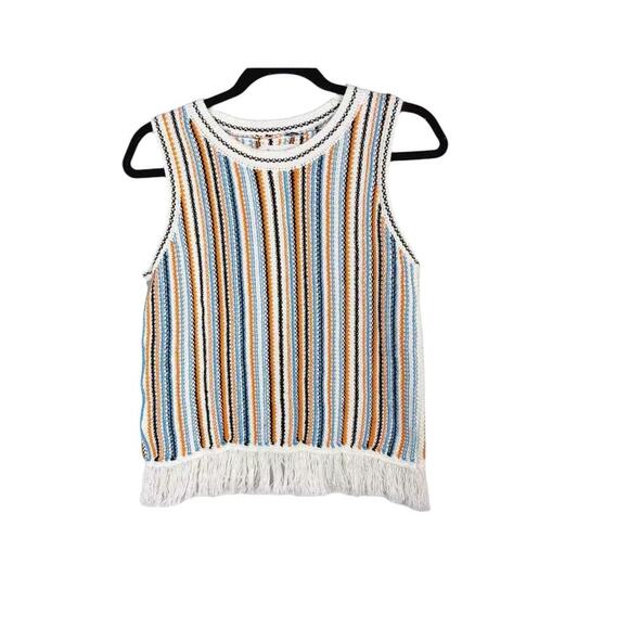 Lou & Grey Loft Fringe Sleeveless Striped Sweater Tank Cream Orange Blue size xs - Picture 6 of 13